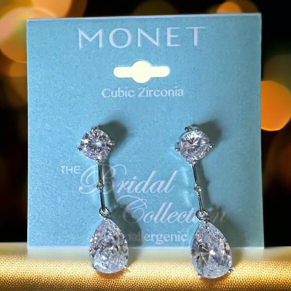 NEW Monet Pear Shape Drop Earrings CZ Glam Wedding Holiday Bride‎ Elegant Bling - Picture 6 of 10